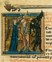 Sainte Geneviève et le diable miniature sur parchemin
