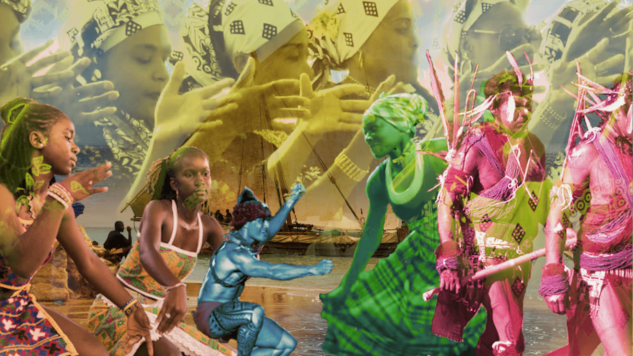 Photomontage presentant divers éléments du PCI en Outre-mer : Ori, Gwoka, Euptop, Deba, danse Aluku
