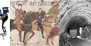 trois images en bande : Mors, Cheval de Guillaume - tapisserie de Bayeux,  Cheval tirant des berlines au fond de la mine