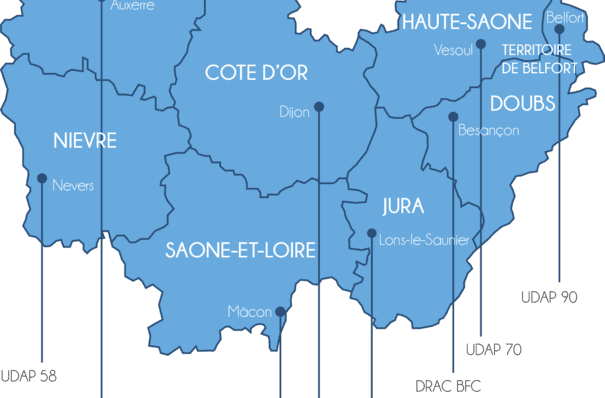 Carte de la DRAC de Bourgogne-Franche-Comté et emplacements de ces sites