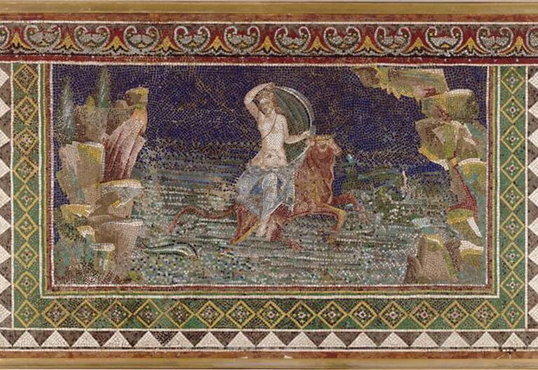 L'Enlèvement d'Europe, Nymphée de la villa San Marco de Stabies (Campanie), opus tessellatum (polychrome), verre, pierre, 1er siècle, musée Condé, Chantilly, © RMN-Grand Palais (domaine de Chantilly) / René-Gabriel Ojeda