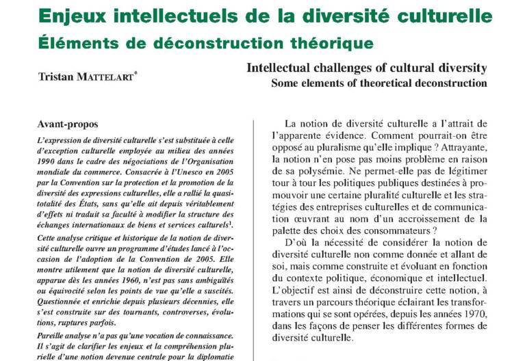 Enjeux intellectuels de la diversité culturelle. Éléments de déconstruction théorique
