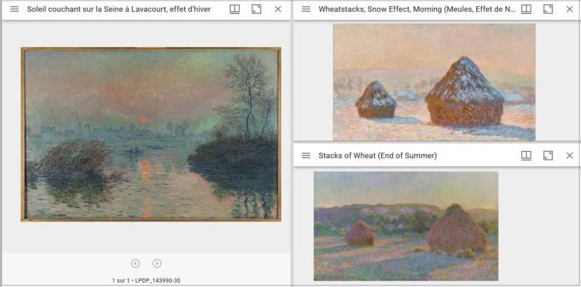 Affichage simultané de trois œuvres de Monet incluses dans Mirador