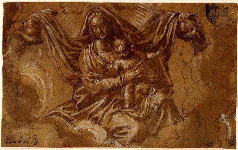 anonyme, Vierge à l'Enfant sur une nuée (recto) ; Projet d'encadrement (verso), plume, encre brune, papier, vers 1600, Chantilly, musée Condé © Lynda Frénois