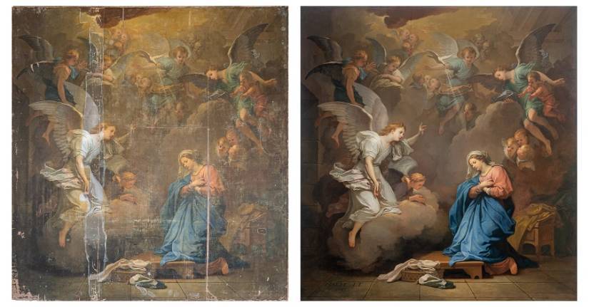 tableau ancien religieux femme anges restauration