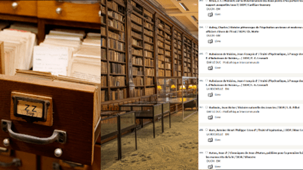 Montage de trois photos : Photo 1 : un tiroir contenant des notices de livres à la Bibliothèque Sainte Geneviève à Paris Photo 2 : des étagères de livres avec des tables en verre d'exposition à la Bibliothèque d'agglomération de Saint-Omer Photo 3 : Liste de notices provenant du Catalogue collectif de France de la Bibliothèque nationale de France Photo 1 : Marie-Lan Nguyen / Photo 2 : Bibliothèque d'agglomération de Saint-Omer Photo 3 : Bibliothèque nationale de France