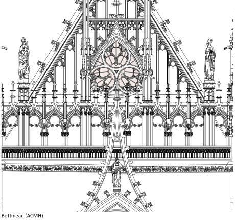 Détail du pignon, construit pendant l’annexion suite à l’incendie de la toiture en 1877, sur les plans de l’architecte Paul Tornow : statues de Saint-Étienne, saint Nicolas et saint Goëry