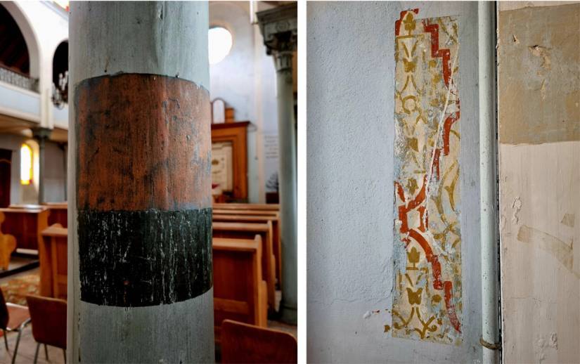 Restes de décor peint sur un mur et sur un pilier de la nef de la synagogue de Guebwiller (Haut-Rhin)