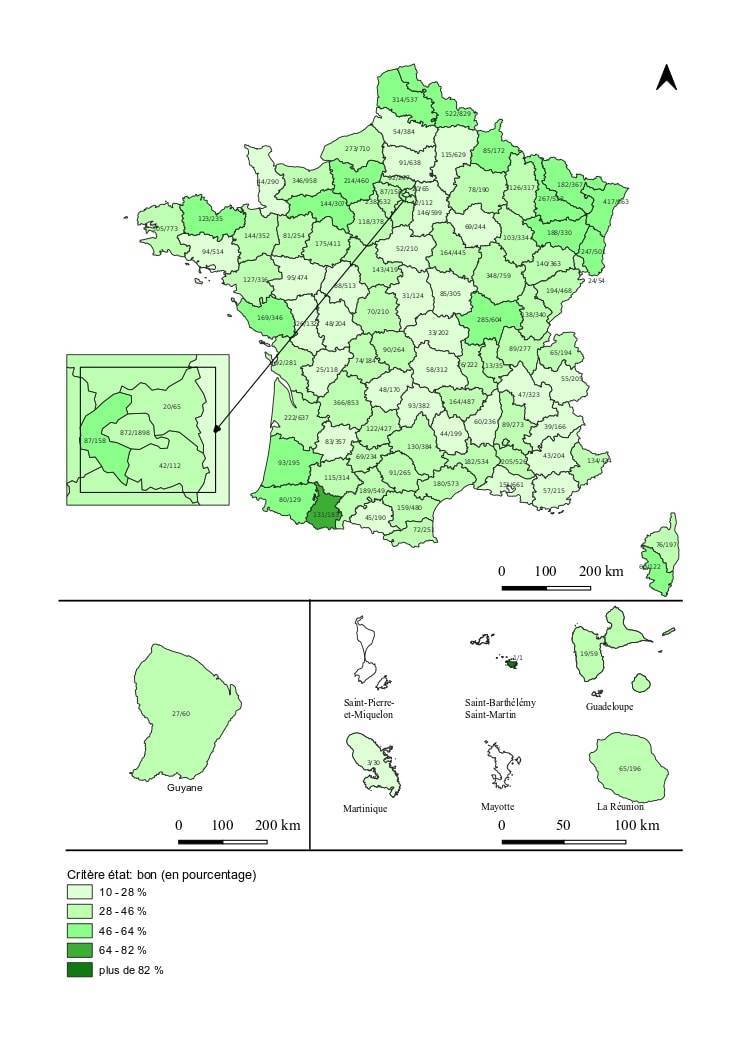 Carte de l’état de conservation des monuments historiques, sur la période 2019-2024, ayant le critère d’évaluation : état bon