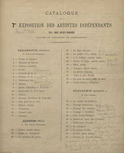 Première page du catalogue de la septième exposition impressionniste, en 1882