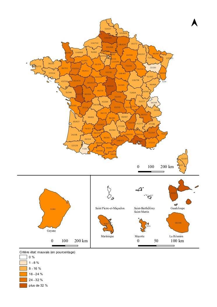Carte de l’état de conservation des monuments historiques, sur la période 2019-2024, ayant le critère d’évaluation : mauvais état
