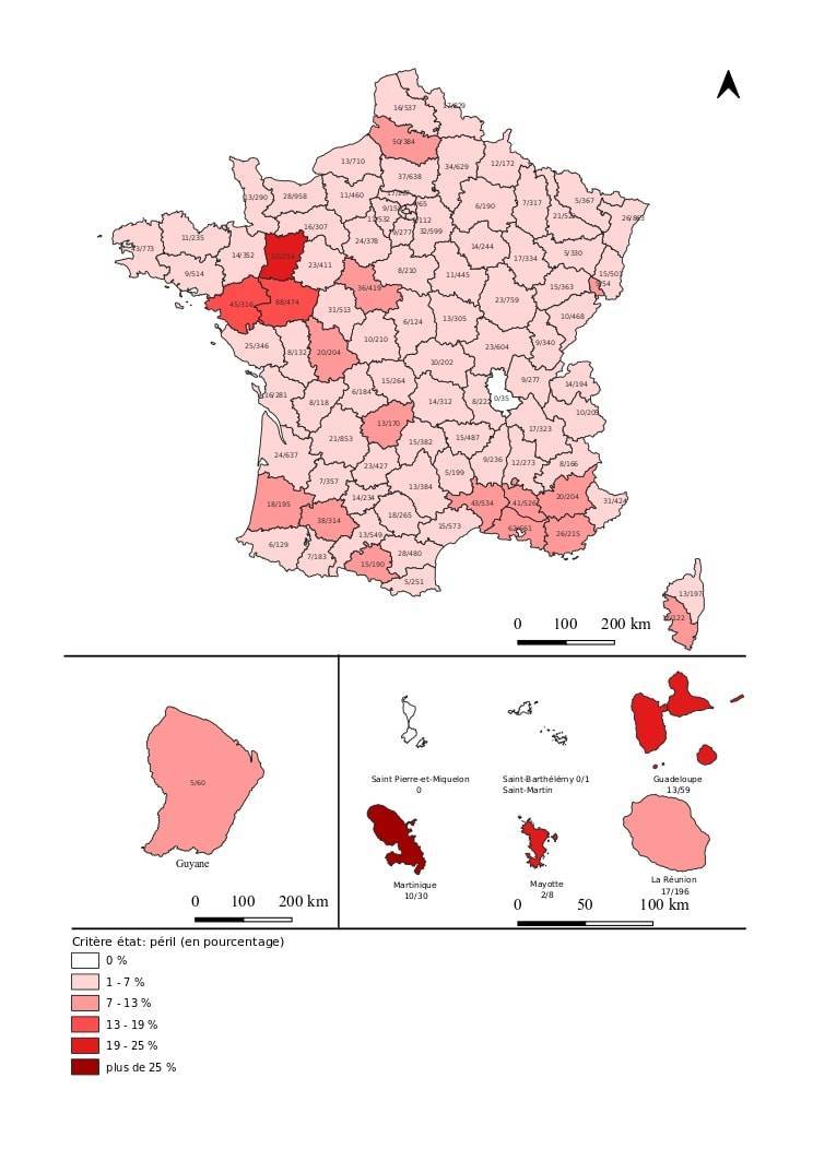 Carte de l’état de conservation des monuments historiques, sur la période 2019-2024, ayant le critère d’évaluation : péril