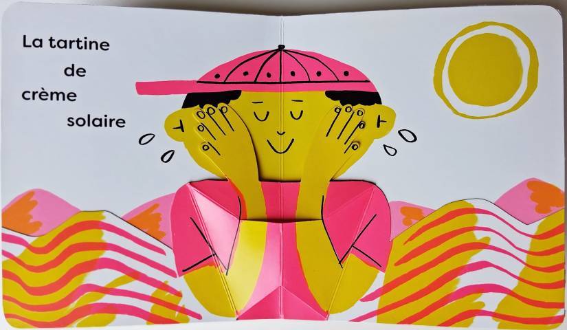 dessin du livre été pop d'aurore petit représentant un garçon qui se met de la crème solaire sur le visage. Les couleurs sont rose fluo et jaune