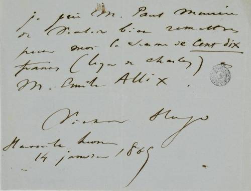 Lettre autographe de Victor Hugo à Paul Meurice, 14 janvier 1865, Maison de Victor Hugo - Hauteville House