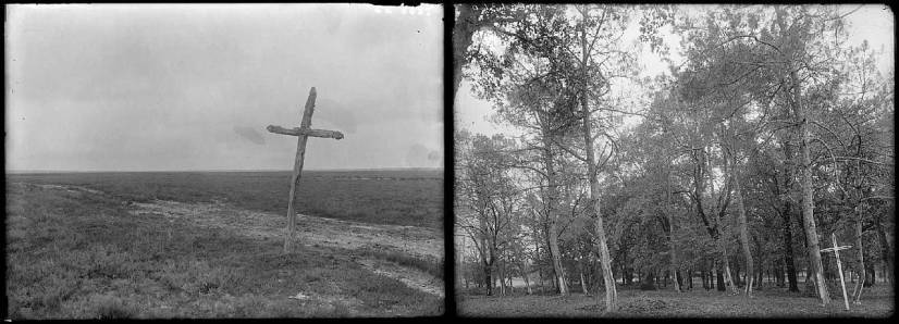 A gauche, croix dans la lande à Morcenx, 4e quart 19e siècle - à droite, croix de bénédiction du bétail, à Liposthey, 1er quart 20e siècle