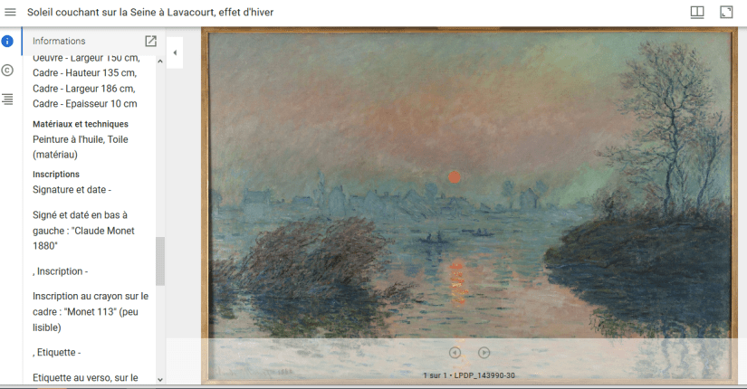 Import simultané des métadonnées et de l'image via IIIF, pour une oeuvre de Claude Monet en ligne sur le site des collections de Paris Musées.