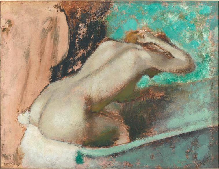 Degas Edgar (1834-1917), Femme assise sur le bord d'une baignoire et s'épongeant le cou, peinture à l'huile et à l'essence sur papier marouflé sur toile, entre 1880 et 1895, Paris, musée d'Orsay / Photo Hervé Lewandowski ; © RMN-GP