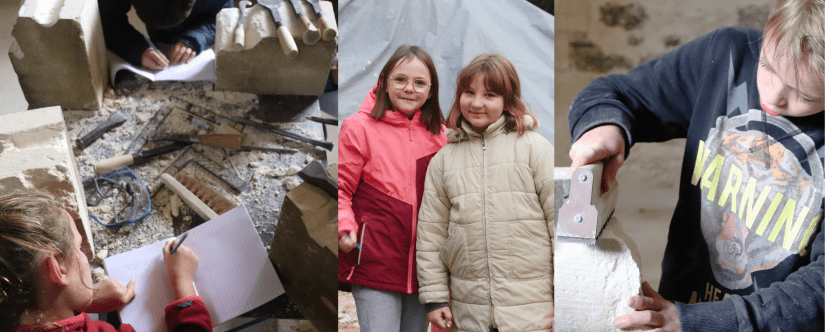 Enfants participant à l'atelier Taille de pierre, Une école, un chantier, des métiers au château de l'Herm, Dordogne.
