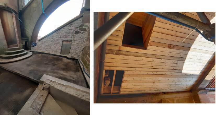 Cathédrale de Saint-Dié-des-Vosges, la terrasse de la tour Nord avant restauration et pendant l'intervention