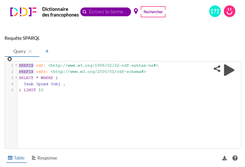 Capture d'écran de la page permettant d'effectuer des requêtes SPARQL dans la base de données du Dictionnaire des francophones.