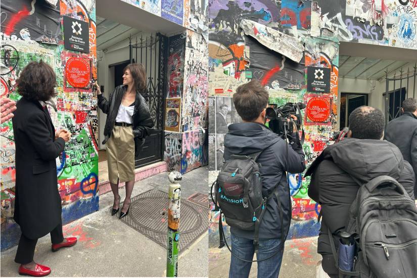 Cérémonie de dévoilement de la plaque "Maison des Illustres" de la Maison Gainsbourg - Rachida Dati et Charlotte Gainsbourg + des journalistes devant la plaque