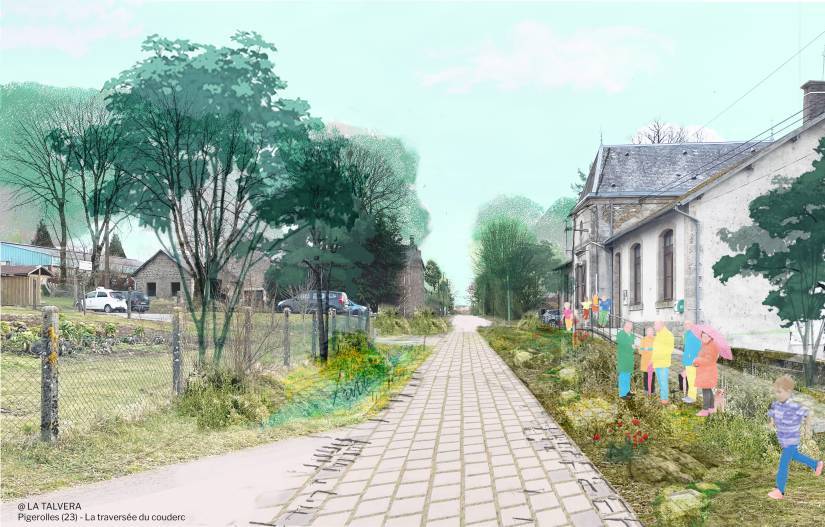 vue d'architecte d'un petit chemin pav&eacute; avec des arbres et des maisons