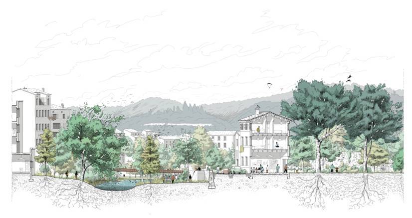 dessin représentant les berges d'un cours d'eau avec des arbres et des habitations