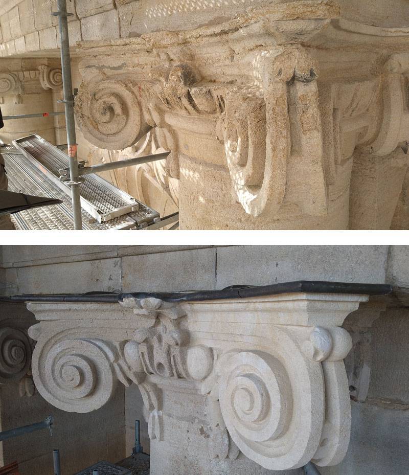 Cathédrale de Langres, restauration tour sud : exemple de greffe avant et après intervention