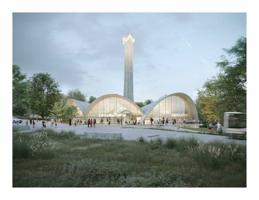 dessin d'une ancienne chaufferie réhabilitée au crépuscule allumée à l'intérieur avec des personnes devant