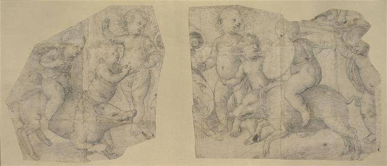 SANTI Raffaello , RAPHAEL (dit), Deux enfants nus montés sur des sangliers et joutant à la lance en présence de six autres enfants nus, pierre noire, stylet, papier, entre 1495 et 1500 ou 1505, Chantilly, musée Condé, RMN-Grand Palais (domaine de Chantilly) / Thierry Ollivier