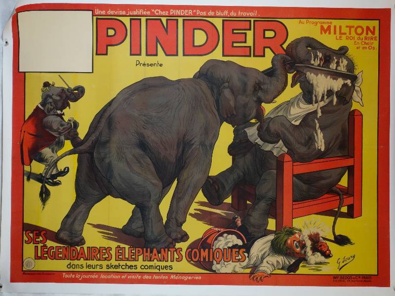 Pinder et ses légendaires éléphants comiques affiche de Gustave Soury, vers 1940