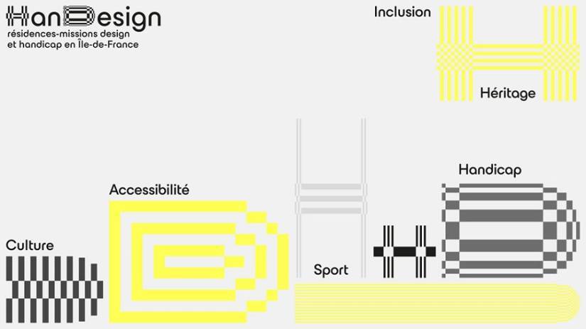 graphisme pour nouvelle identit&eacute; visuelle HanDesign en jaune et noir et inscriptions de noms comme culture, accessibilit&eacute;, sport, handicap, h&eacute;ritage