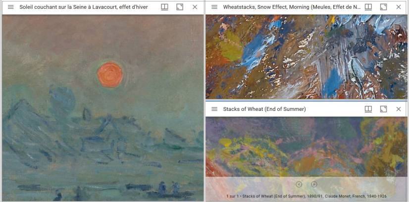 Zoom profond sur les images de trois œuvres de Monet incluses dans Mirador