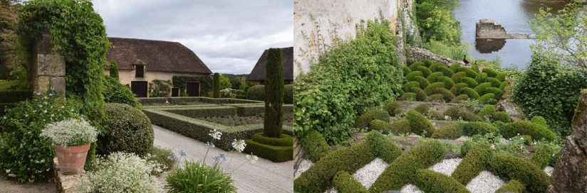 2 photos, Jardins du château de Losse et aperçu d'une maison