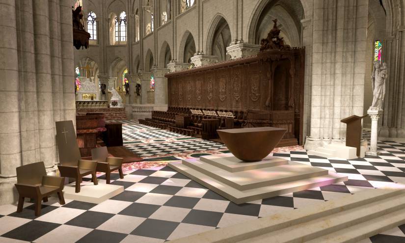 photo de l'intérieur de notre dame avec la cathèdre et les sièges associés, le nouvel autel et l'ambon