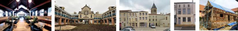 Petite Roselle : création du restaurant sur le site du carreau de mine Wendel - Ancien hôtel Dieu à Charleville-Mézières avant restauration - Projet de construction neuve dans une dent creuse boulevard Maginot, à Metz - Immeuble du Boulevard de Strasbourg à Ligny-en-Barrois, après restauration – La maison Alsacienne à Ernolsheim-Bruche, en chantier.
