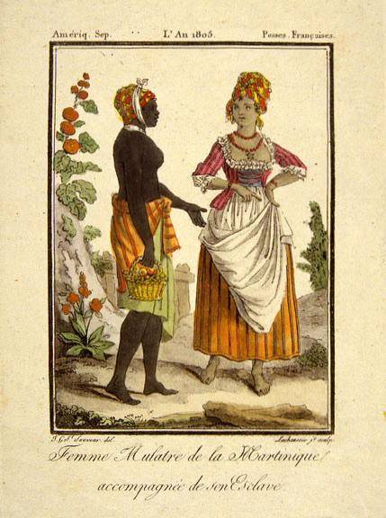 GRASSET DE SAINT-SAUVEUR Jacques (dessinateur) et LACHAUSSEE Jeune (graveur), Femme mulâtre de la Martinique accompagnée de son esclave, papier, taille douce et rehaut de couleur, 1805, Bordeaux, musée d'Aquitaine © musée d'Aquitaine