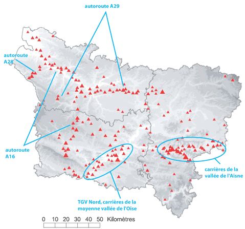 Un exemple de carte archéologique : les grands aménagement de Picardie en 2005.