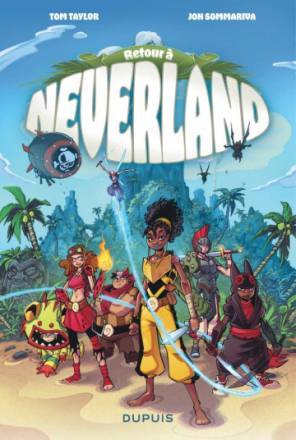 Couverture de la bande dessinée Retour à Neverland, avec des personnages habillées de façon futuriste ou antique, sur une île.