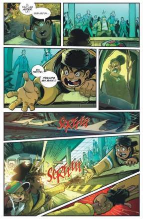 Une planche de bande-dessinée aux couleurs jaunes et bleues représentant un jeune garçon qui tend la main à deux jeunes filles tombées sur les rails d'un métro