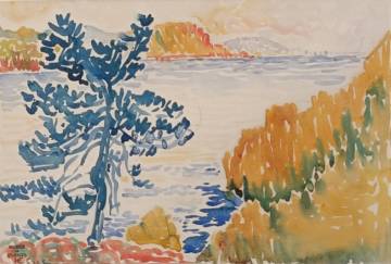 Paysage marin très coloré, vue de la Méditerranée en surplomb avec un grand arbre bleu et de la végétation jaune et orangée