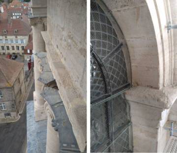 Cathédrale de Langres, restauration tour sud : protection anti volatiles