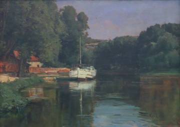 Cartier Karl (1855-1925), Péniche à quai, huile sur bois, 4e quart 19e siècle, 1er quart 20e siècle, Moret-Loing-et-Orvanne, musée municipal. Cliché : Musée municipal de Moret-Loing-et-Orvanne