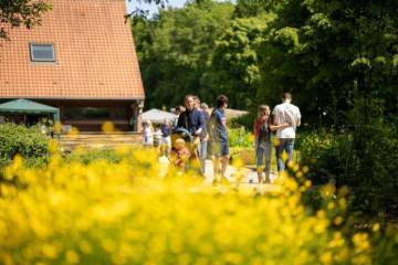 PHOTO 1 : Un groupe de visiteurs marche le long d'un chemin bordé de fleurs jaunes dans un jardin. En arrière-plan, un bâtiment avec un toit de tuiles rouges.
