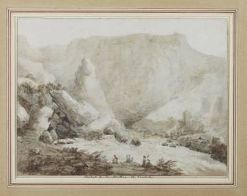 Robert Hubert, Rochers de la Fontaine de Vaucluse, papier, lavis, plume, vers 1785, Fontaine-de-Vaucluse, musée-bibliothèque Pétrarque (c) Fontaine-de-Vaucluse, musée-bibliothèque Pétrarque