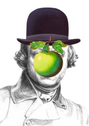 PHOTO 4 : Un dessin représente un homme en costume. L'homme porte un chapeau melon noir et son visage est partiellement caché par une pomme verte située devant lui. Il s’agit du tableau « Le Fils de l’homme » de René Magritte.