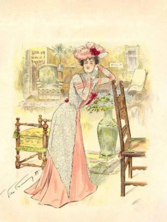 PHOTO 6 : Image d’illustration qui représente une femme portant une longue robe et un chapeau fleuri, elle se tient debout à côté d’une chaise.