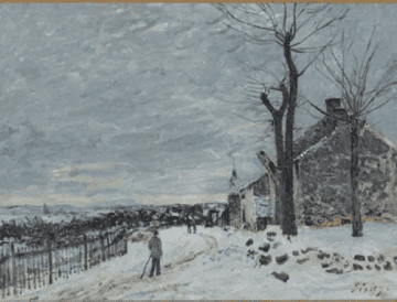 Tableau de Sisley représentant un homme marchant sur un paysage enneigé