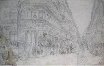 Frédéric Houbron, « La Maison Dorée et la rue Laffitte, vue du boulevard des Italiens », vers 1895-1905, graphite, 19.1 x 29.9 cm, musée Carnavalet, histoire de Paris