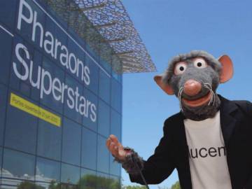 La marionnette muppet Raoul Lala devant le mucem et son expo pharaons superstars